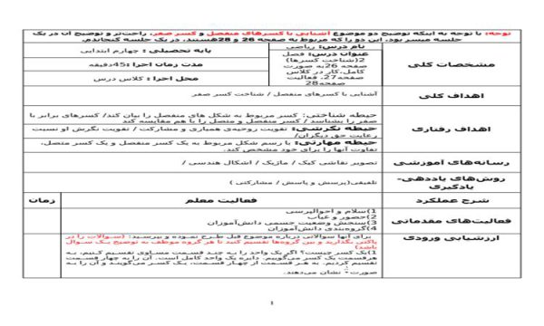 طرح درس ریاضی چهارم ابتدایی درس آشنایی با کسرهای منفصل و کسر صفر