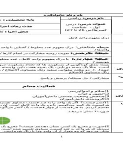 طرح درس ریاضی چهارم ابتدایی درس شناخت کسرها