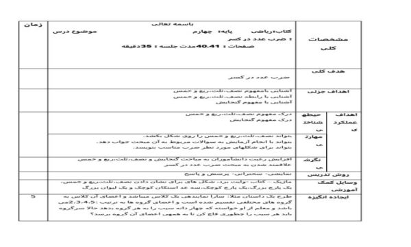 طرح درس ریاضی چهارم ابتدایی درس ضرب عدد در کسر صفحه 40 و 41