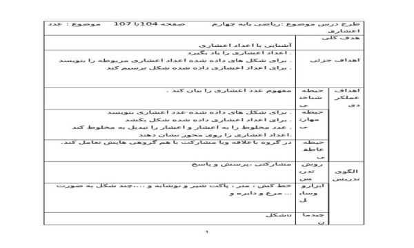 طرح درس ریاضی چهارم ابتدایی درس عدد اعشاری