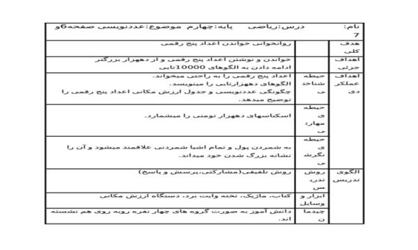 طرح درس ریاضی چهارم ابتدایی درس عددنویسی صفحه 6 و 7