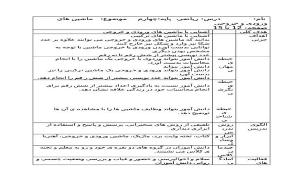 طرح درس ریاضی چهارم ابتدایی درس ماشین های ورودی و خروجی