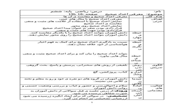 طرح درس معرفی اعداد صحیح ریاضی ششم ابتدایی