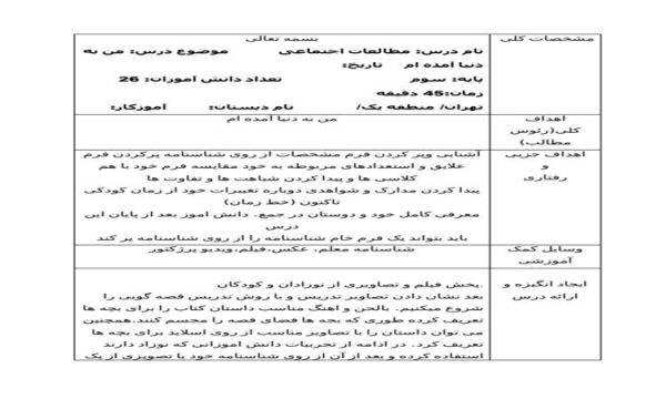 طرح درس من به دنیا آمده ام مطالعات اجتماعی سوم ابتدایی درس اول