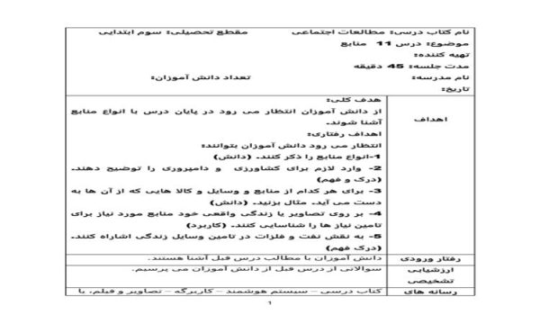 طرح درس منابع مطالعات اجتماعی سوم ابتدایی درس یازدهم