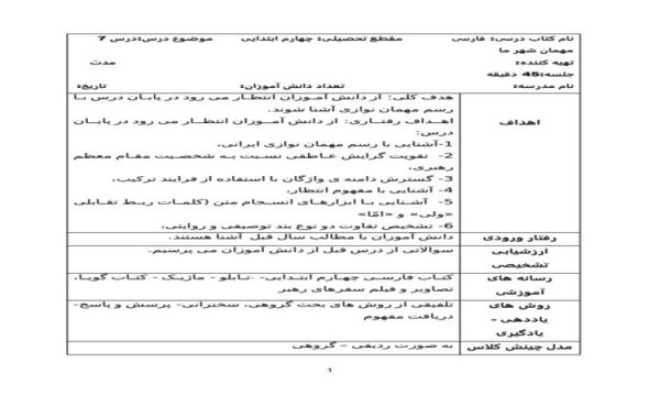 طرح درس مهمان شهر ما فارسی چهارم ابتدایی