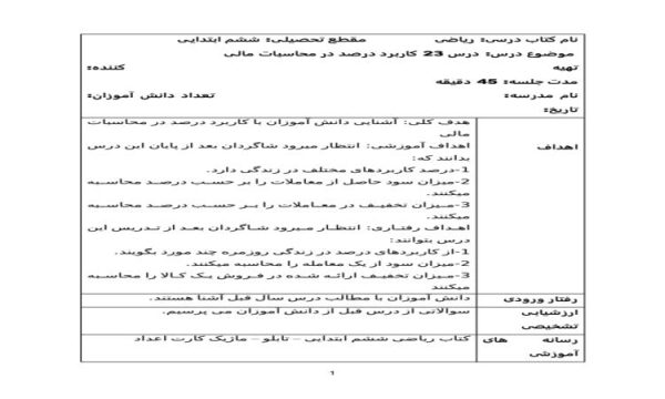 طرح درس کاربرد درصد در محاسبات مالی ریاضی ششم ابتدایی